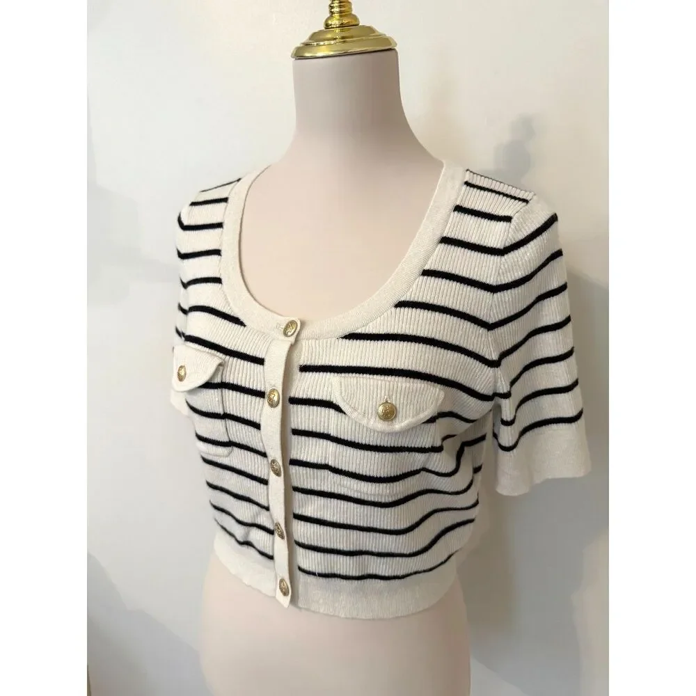 J.Crew Button-Up Sweater Tee Ivory Black Stripe Wool Linen Gold Buttons M